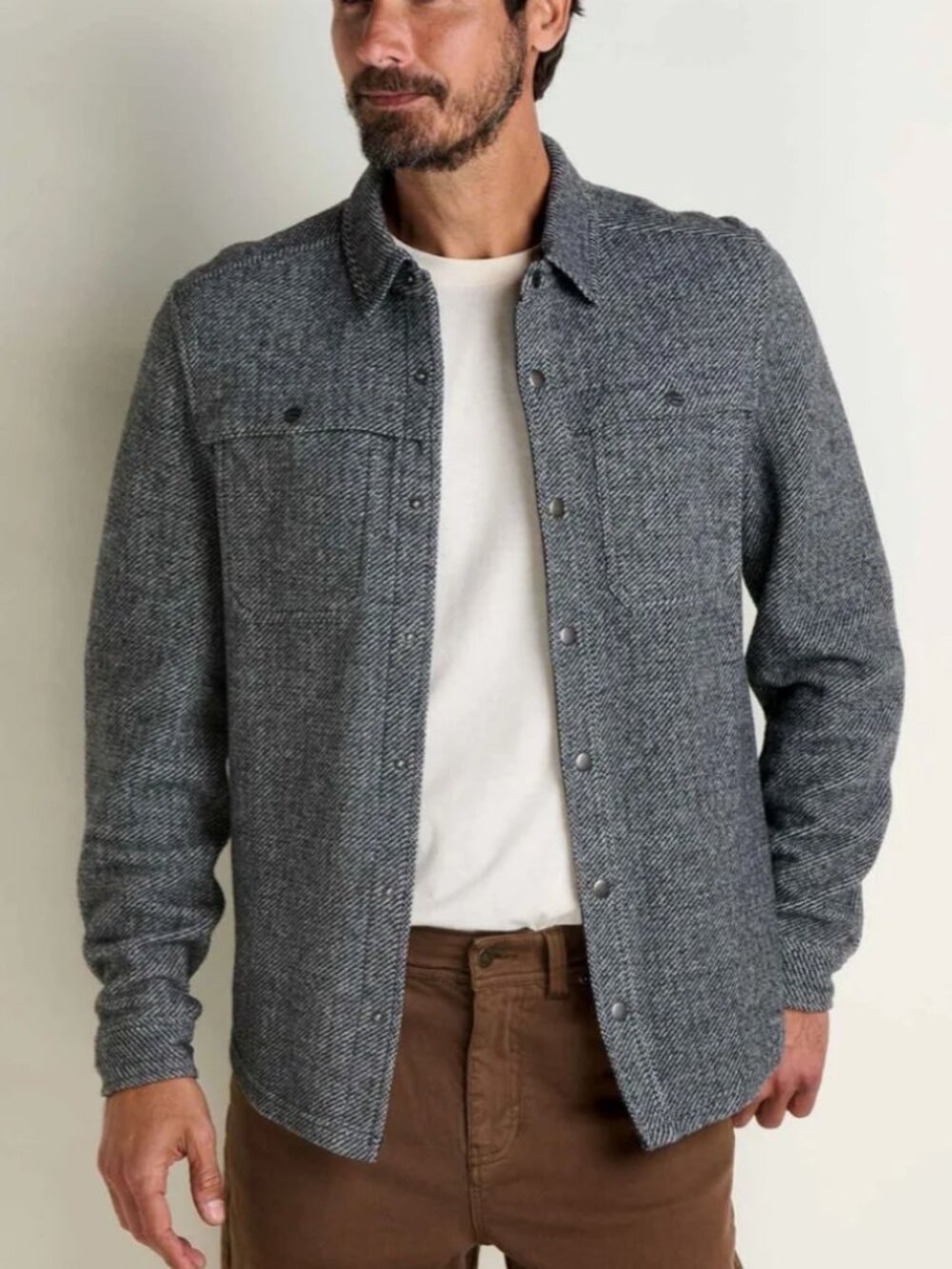 Toad&Co Kennicott Shirt Jacket Mens L Gray Snap Front Shacket Elbow Patches Warm